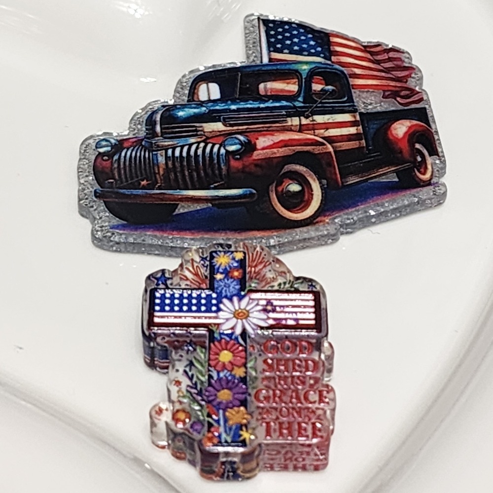 USA Vintage Truck Flatback Focal Bead Cross Patriotic Flats Badge Keychain Craft